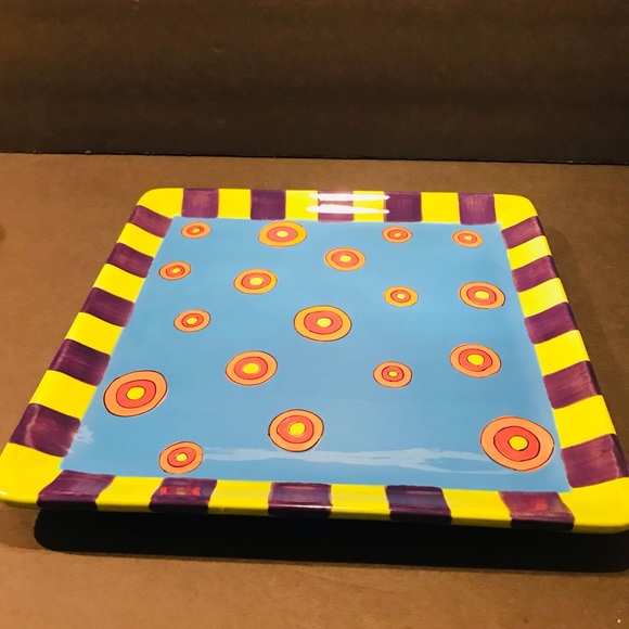 All U Can Handle Hand Painted Ceramic Tray “ Dancing Dots Turquoise 11”-11” - Picture 4 of 11